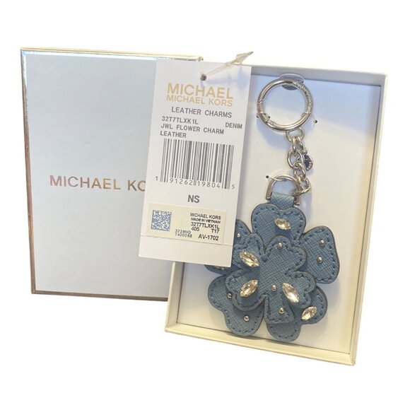Michael Kors Denim Blue Leather Flower Charm Keychain Keyfob New in Box NIB Tags - Picture 1 of 6